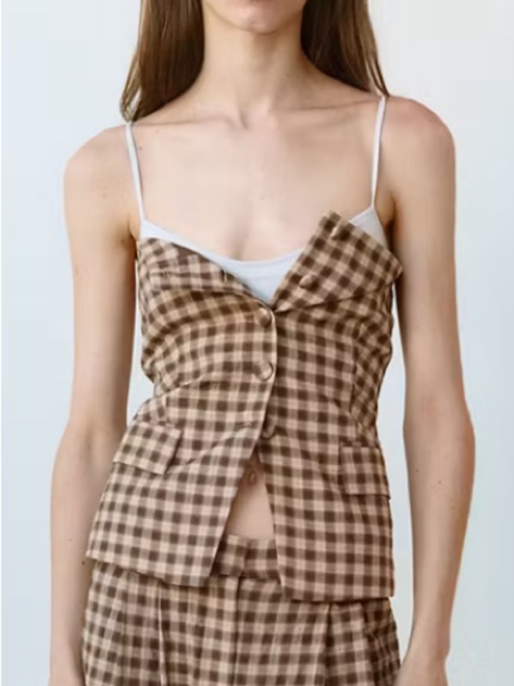 Mango Brown and Cream Plaid Strapless Bustier GINGHAM STRAPLESS TOP 1529